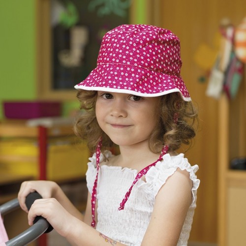 Dívčí bavlněný klobouk na zavázky drobný květ a obšitou krempou